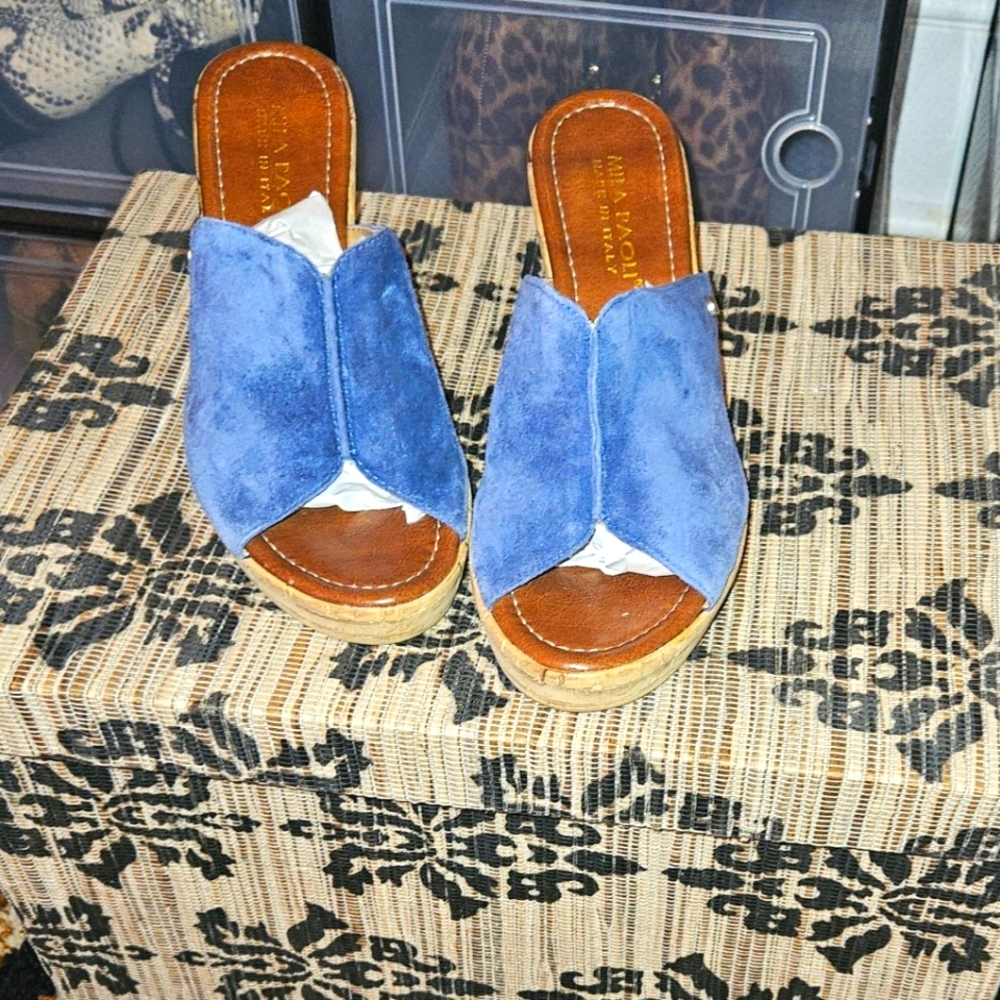 Blue Suede Mila Paoli Wedge Sandal